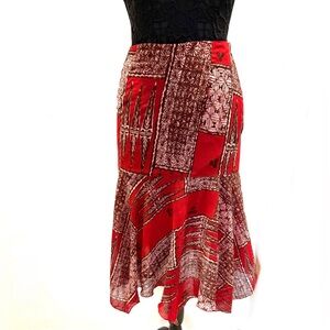 Vintage tribal silk print sharkbite hem midi skirt